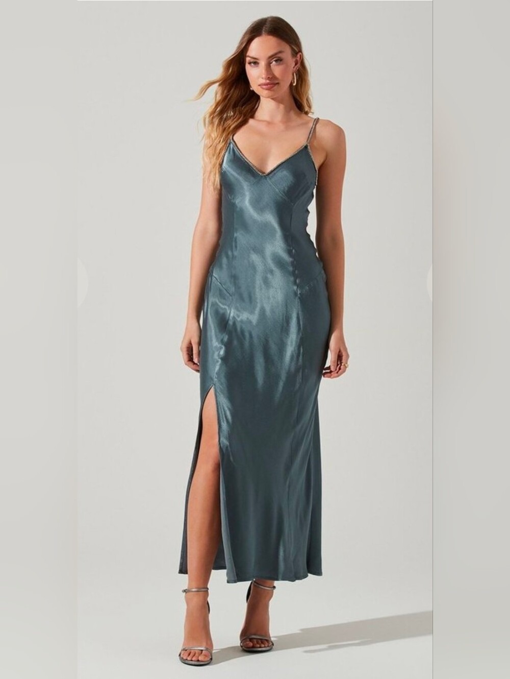 Astr Satin Midi Slip Dress in Steel Blue with Silver Trim